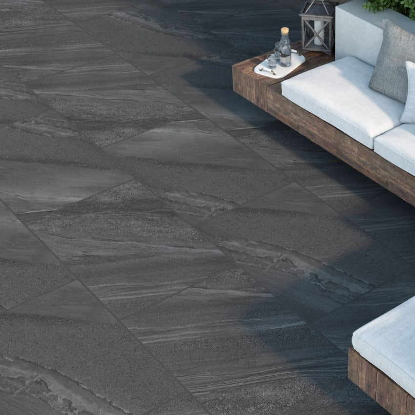 Pompei Black Outdoor Porcelain Paving Slabs - 1200X600x20mm