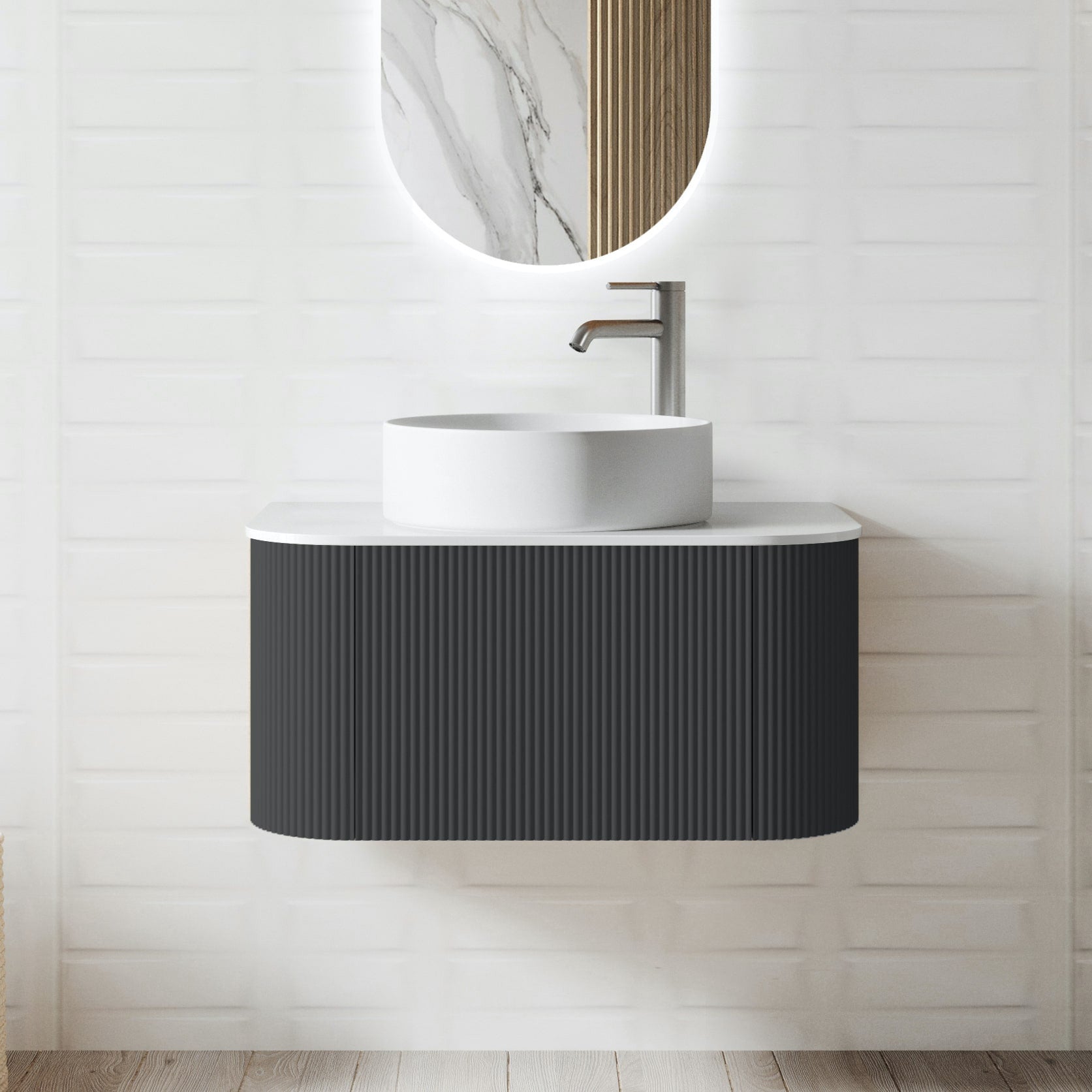 Phuket Solid Wood Fluted Anthracite Vanity Without LED Mirror - 600mm/750mm/900mm