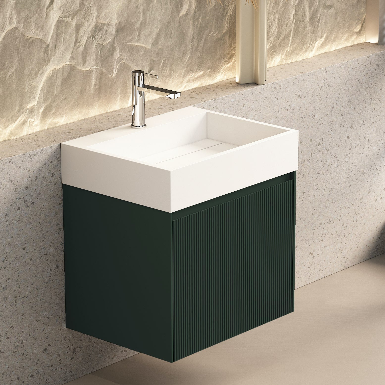 Turin Fluted Green Vanity With Inner Drawer and Stone Resin Basin - 600mm