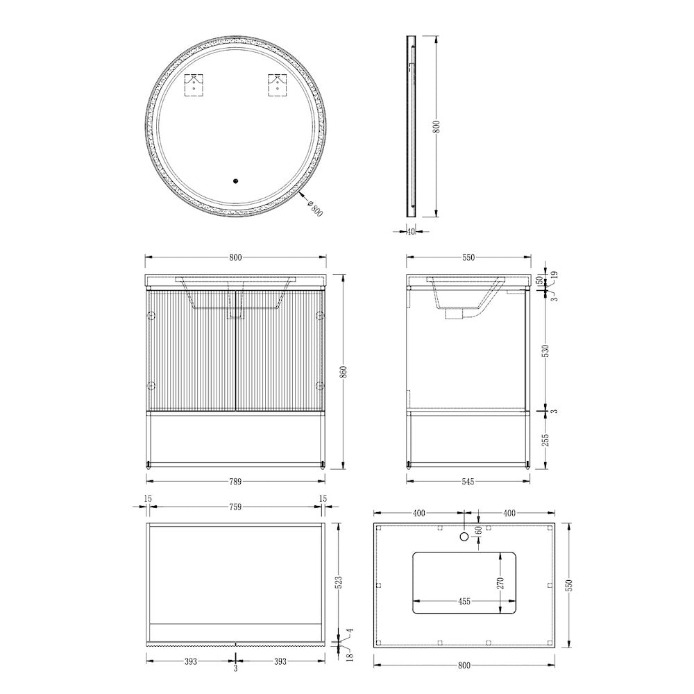 Porto Grey Fluted Vanity With Porcelain Top - 800mm