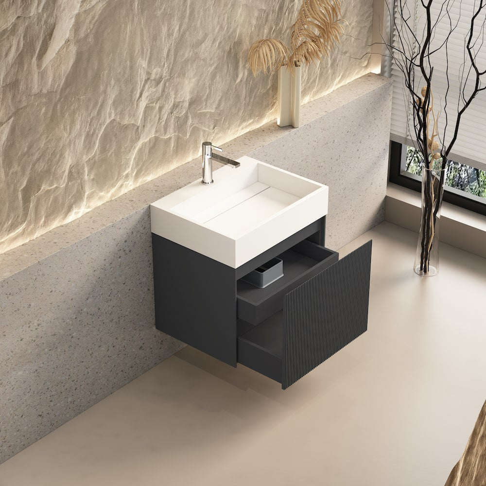 Turin Fluted Anthracite Vanity With Inner Drawer and Stone Resin Basin - 600mm