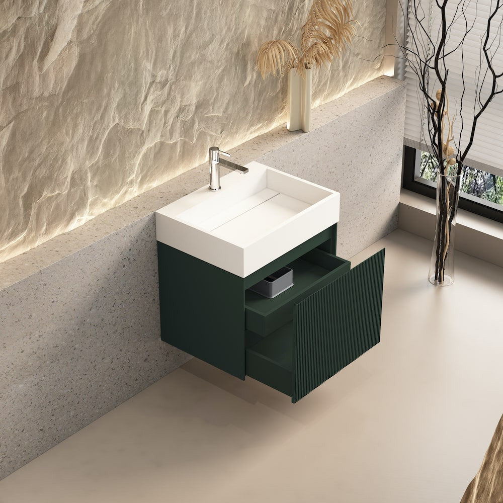 Turin Fluted Green Vanity With Inner Drawer and Stone Resin Basin - 600mm